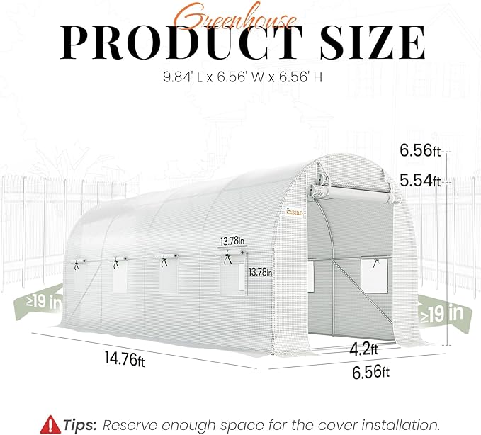 KING BIRD Premium 15x6.6x6.6FT Greenhouse for Outdoors, Large Walk-in Upgraded Galvanized Metal Frame, Mesh Door Screen Window Improved Zipper Tunnel Hoop for Garden Plant Winter, White