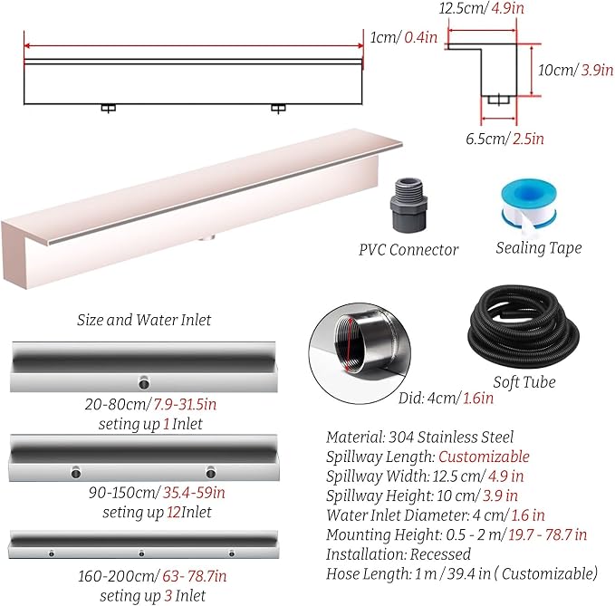 180CM Pond Spillway Waterfall Box with 1M Soft Tube, Sealing Tape & PVC Connector - Light Coffee Color, Ideal for Water Features & Garden Landscaping