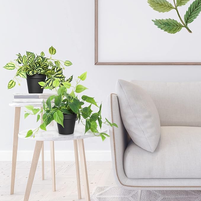 AceList 2 Pack Fake Plants, Artificial Plants for Home Decor Indoor, Realistic Fake Watermelon Leaves with Black Pot for Bedroom Living Room Shelf Outdoor Office Decor
