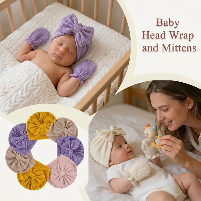 Newborn Baby Girl Hats Mittens Set Cotton Hospital Bow Hat Beanies Caps Gloves for New Born Girls 0-6 Months