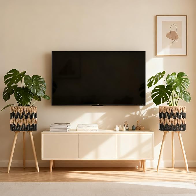 KGPLOME Single Indoor Plant Stand with Planter Pot,10 inch Bohemian Wood Planter Holder for Living Room Bedroom Decor Modern Home Decor (1, Beige Black)