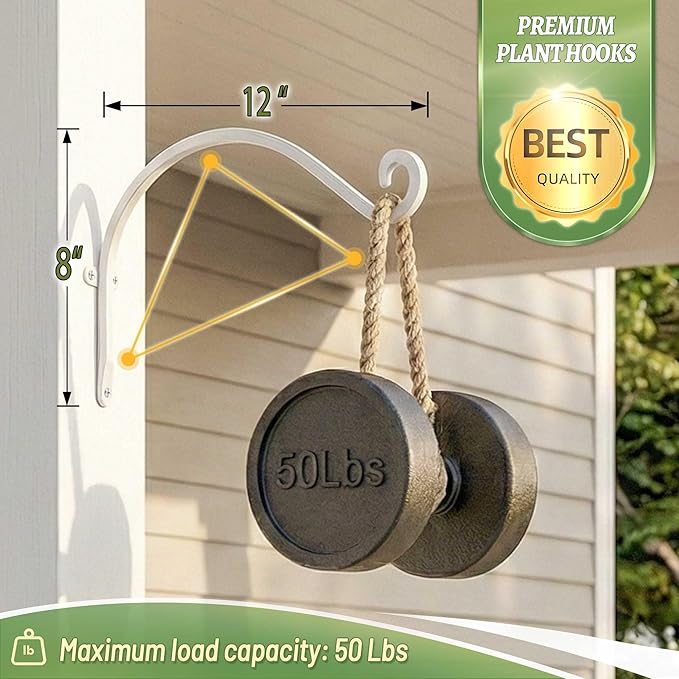 Lifyzoon Hanging Plant Brackets Outdoor: 50lbs Weight Capacity - Hanging Plant Hangers Wall Hooks 2 Packs, 12-Inch Wall Mount Brackets for Bird Feeder, Flower Baskets, White