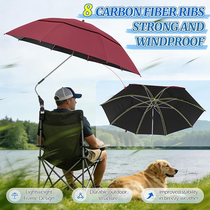2 Pack 40.9'' Beach Chair Umbrella with 360° Adjustable Canopy & 270° Flexible Clamp, Double Canopy Sun Protection for Wheelchair, Patio, Golf Cart, Camping