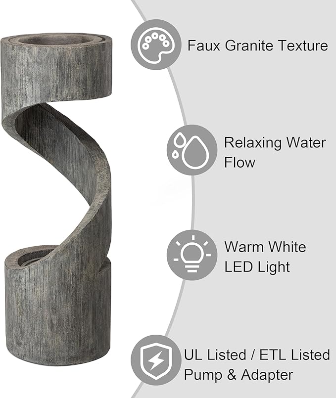 Glitzhome Outdoor Water Fountain with LED Light, Modern Spiral Tiered Outdoor Fountain with Stone Planter, Curved Freestanding Waterfall Fountains for Garden Patio Deck Porch, 40”H