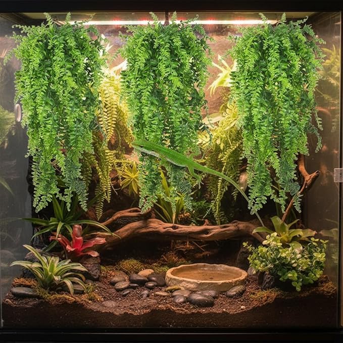 PINVNBY 3 PCS Green Reptile Plants Terrarium Hanging Fake Vines with Suction Cup Artificial Leaves Bearded Dragon Tank Accessories Terrarium Decor for Leopard Gecko Lizard Snake Geckos Chameleon
