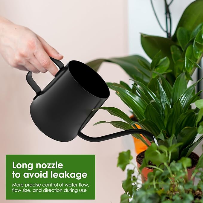 12oz/350ml Stainless Steel Plant Watering Pot,Small Watering Can for Indoor Plants,Mini Watering Can with Long Mouth & Ergonomic Handle for Indoor House Plants Flower Bonsai Outdoor Garden(Black)