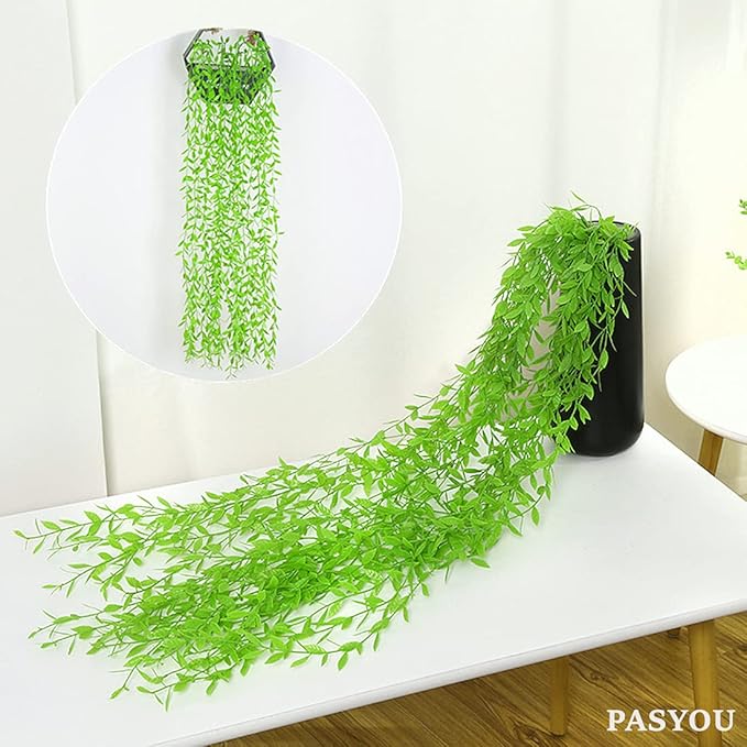 PASYOU Artificial Hanging Vines, Fake Simulation Weeping Willow Plants Decor Greenery Leaves Ivy for Wedding Indoor Outdoor Home Garden Balcony Patio Planter Filler DIY Decoration - Green 10 Pack