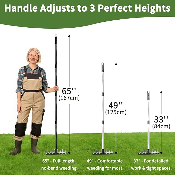 Heavy Duty Iron Weeding Rake, Complete Weed Rake Tool with 4-Section Adjustable Handle(33" to 65"), 8 Tines Thick Steel Weed Puller Tool for Raised Garden Beds, Flower Beds & Soft Soil