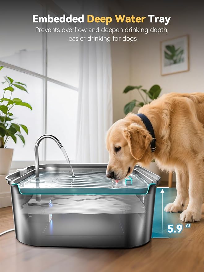 Large Dog Water Fountain 14L/3.7Gal, Stainless Steel Pet Fountain for Large Dogs and Multi-Pets Families, Visible Window & Extra Wide Drinking Area, Enlarges Capacity & Saves Space (with 7pcs Filters)