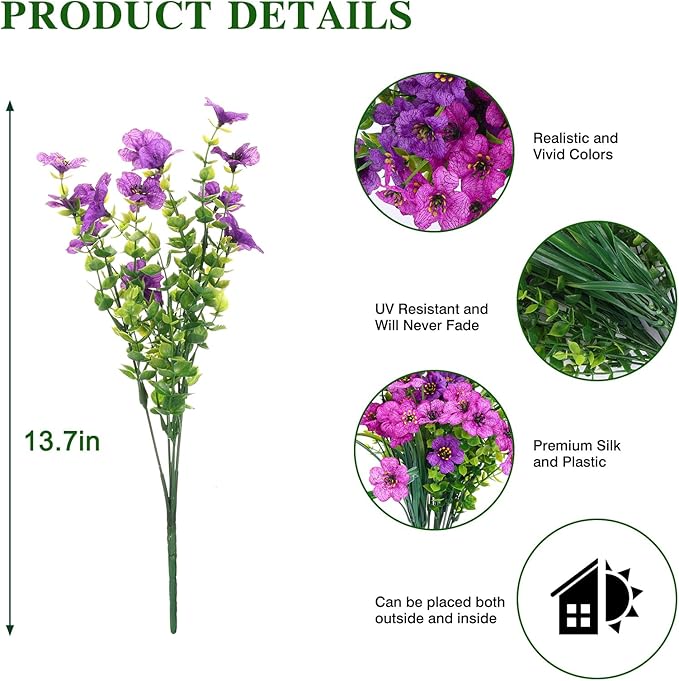 CEWOR 24 Bundles Artificial Flowers for Outdoor Indoor, Fake Silk Daisy with Eucalyptus Leaves, Faux Flower for Garden Front Door Porch Planter Patio Home Decor (Deep Purple Light Purple)