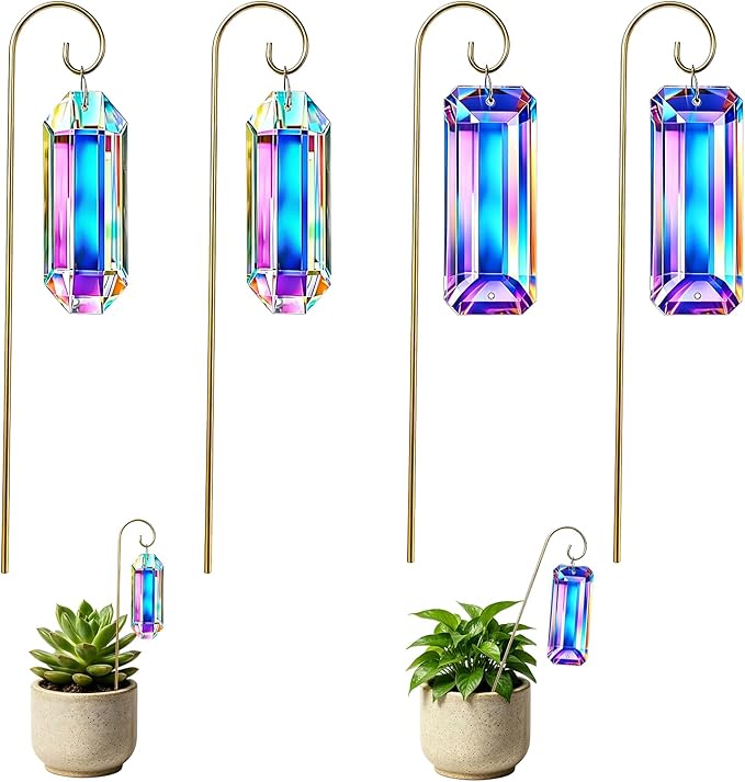 4 Pack Big Crystal Suncatcher Plant Stakes with Golden Trellis – AB Colored Prisms for Indoor Potted Plants, Rainbow Maker Garden Sun Catcher, Window Hanging Crystals for Home Outdoor Decor