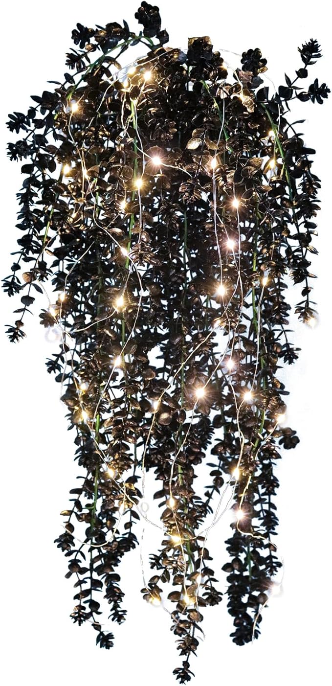 Black Hanging Flowers with Lights Faux Hanging Plants Artificial Hanging Plant Fake Greenery Faux Hanging Vines Plant for Indoor Outdoor Wedding Halloween Party Fall Wall Room Door Decor(Black)
