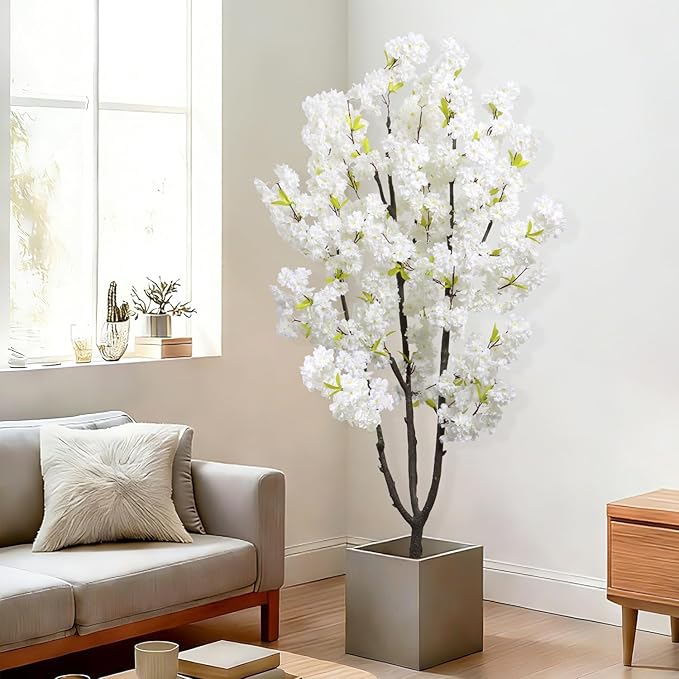 Faux White Cherry Blossom 6ft(72in) Artificial Floor Plant for Indoor Decor Natural Potted Tree with Texture Flowers and Realistic Wood Trunk for Home Living Room,Office Perfect Housewarming Gift