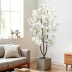 Faux White Cherry Blossom 6ft(72in) Artificial Floor Plant for Indoor Decor Natural Potted Tree with Texture Flowers and Realistic Wood Trunk for Home Living Room,Office Perfect Housewarming Gift