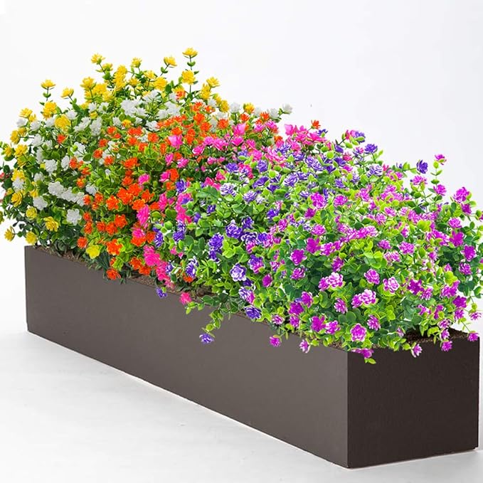 Grunyia 10 Bundles Artificial Fake Flowers, Faux Outdoor Plastic Plants UV Resistant Shrubs Outside Indoor Decorations (Purple-Eucalyptus)