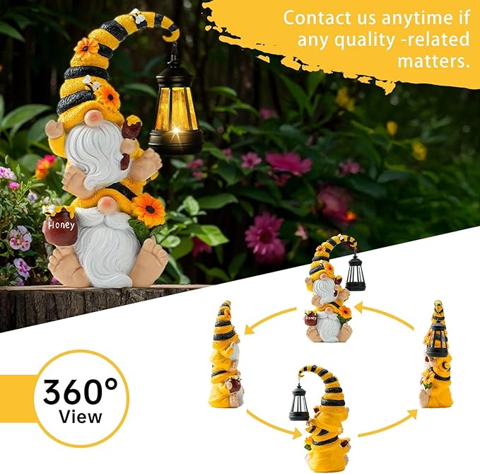 Solar Bee Garden Gnomes with LED Lantern – Waterproof Stacked Outdoor Decor for Yard, Patio – Unique Gnome Gift for Women, Mom, Grandma (Weatherproof Resin, Outdoor Statues)