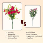 Artificial Flowers for Outdoors 12 Bundles Artificial Petunias Fake Flowers UV Resistant Shrubs Plants with Fern for Indoor Outside Hanging Planters Home Garden Summer Decorations(Rose Red)
