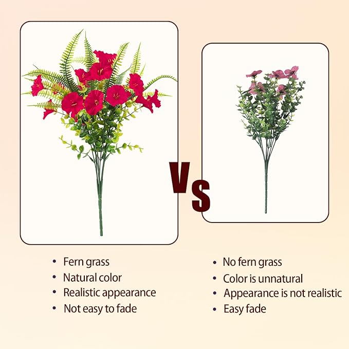Artificial Flowers for Outdoors 12 Bundles Artificial Petunias Fake Flowers UV Resistant Shrubs Plants with Fern for Indoor Outside Hanging Planters Home Garden Summer Decorations(Rose Red)