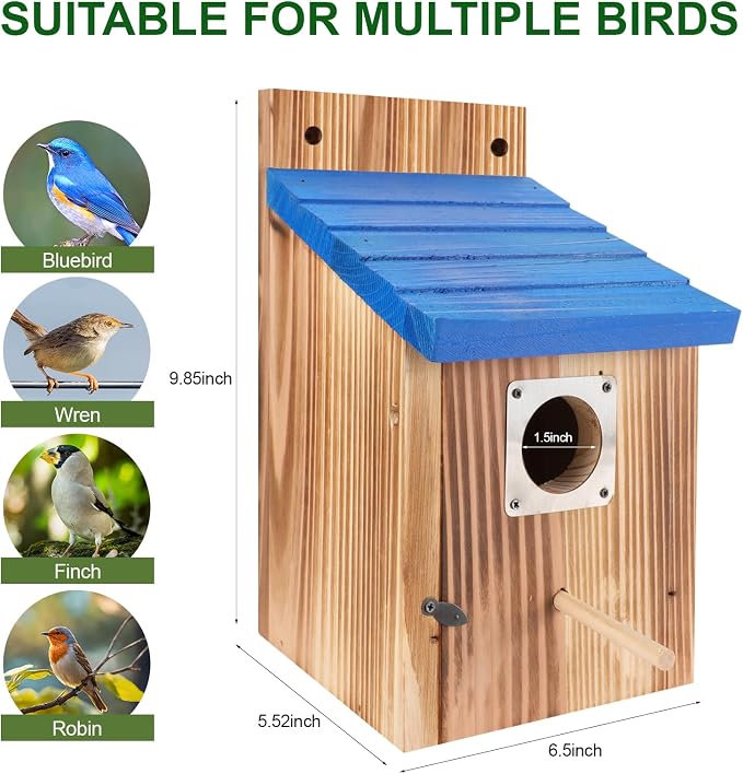 4-Piece Outdoor Bird House Set, Bird Houses for Outside with Metal Guards, Safety Locks, Flight Slots, & Ventilation, Bluebird Houses with 1-1/2" Entrance for Bluebirds, Wrens, Finches-Blue