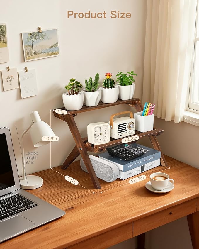2 Tier Small Wood Plant Stand for Desktop, X-Frame Windowsill Plant Shelf Indoor, Table Top Mini Ladder Flower Pot Holder Display Rack for Succulent, Herbs, Decorations, Kitchen Spices