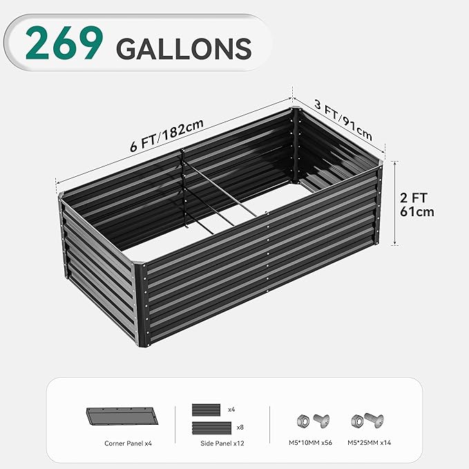 YITAHOME 6x3x2ft Raised Garden Bed Kit, Galvanized Raised Bed with Gloves & Support Rod, Outdoor Patio Planter Box for Plants Vegetables Flowers, Black