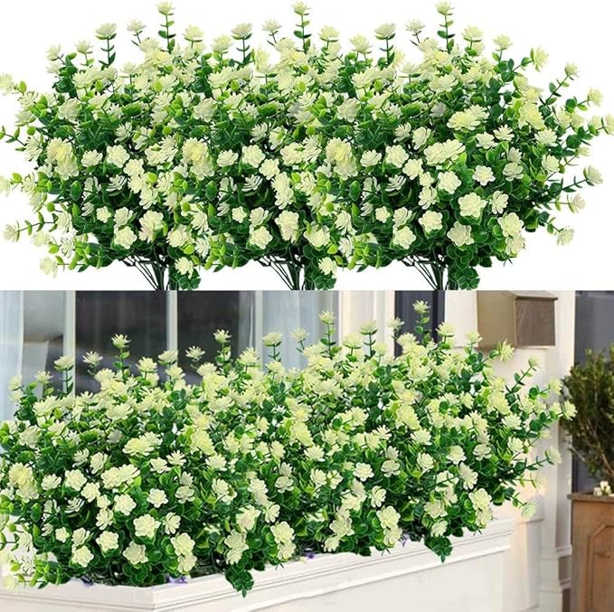 24 Bundles Outdoor Artificial Flowers UV Resistant Fake Boxwood Plants, Faux Greenery for Indoor Outside Hanging Plants Garden Porch Window Box Home Wedding Farmhouse Décor (Milk Green)