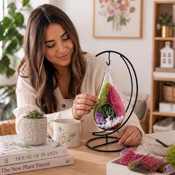 Creations by Nathalie DIY 7" DIY Teardrop Terrarium Kit - Build Your Own Glass Terrarium for Adults & Teens with Moss, Crystals, Tools & Decor - Handcrafted in the USA (Live Plant Included)