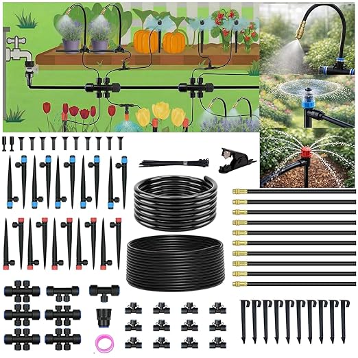 240FT Drip Irrigation System for Garden: 1/2" Quick Connect PE Tubing Automatic Water Sprinkler Kit Adjustable Misting Part 1/4" Watering Hose for Outdoor Raised Bed Plants Flower Yard Greenhouse