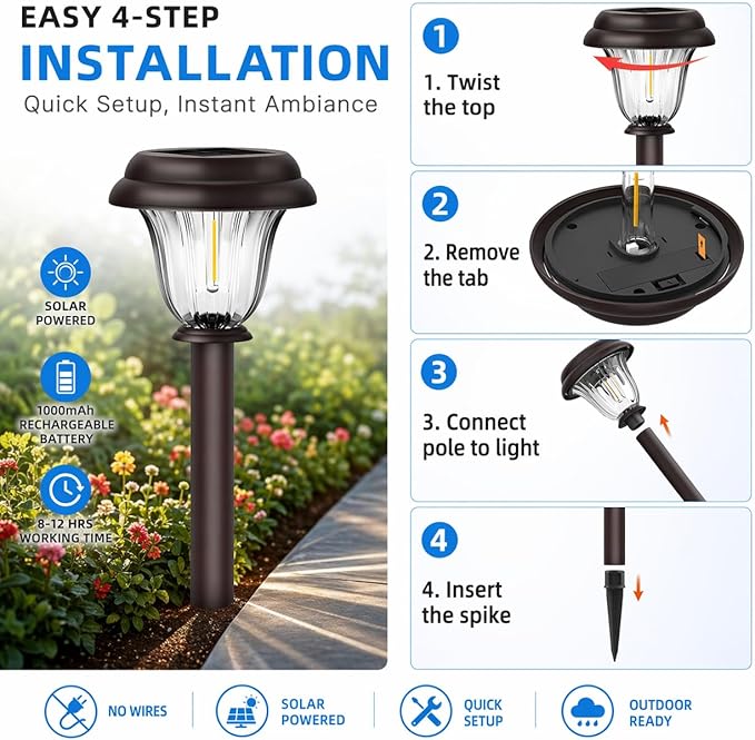 Solar Lights Outdoor, 6 Pack Metal Solar Pathway Lights, Heavy Duty Stainless Steel & Glass, Auto On/Off Waterproof Garden Lights for Driveway Landscape Walkway Yard Outdoor Decor (Warm White)