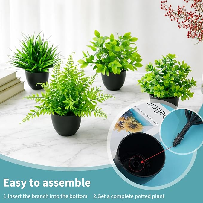 4 Pack Mini Artificial Plants Fake Potted Plants for Home Office Bathroom Shelf Desk Decor, Small Faux Greenery with Black Pots, Assorted Faux Grass & Leaf Plants for Indoor Aesthetic Decoration