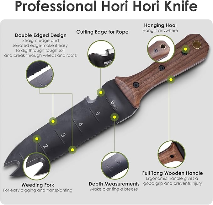 PERWIN Hori Hori Garden Knife, Garden Tools with Sheath for Weeding, Planting, Digging, 7" Stainless Steel Blade with Cutting Edge, Full-Tang Walnut Wood Handle with Hanging Hole