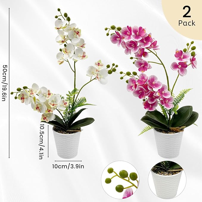Daily Treasures 21-Heads Artificial Orchid Flower in Pot,2 Pack Potted Orchid Plant,Fake Phalaenopsis Flowers with Plastic Vase,Silk Flowers Indoor Decor for Home Table Centerpiece(White & Purple)