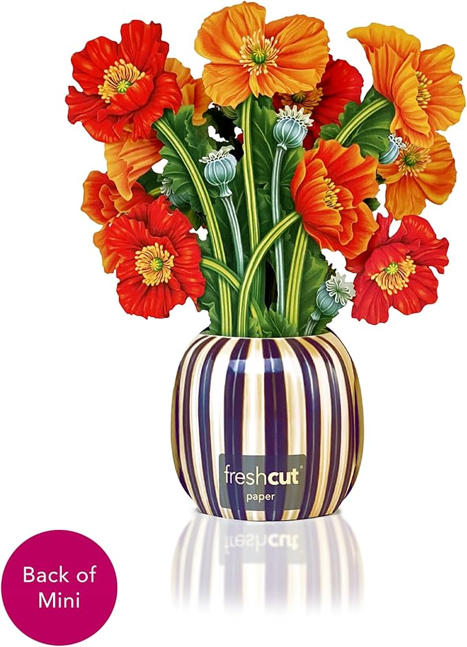 Freshcut Paper Pop Up Cards, Mini French Poppies, 6 Inch Mini Sized Forever Flower Bouquet 3D Popup Greeting Cards, Birthday Cards, Thank You Card, Blank Notecard & Envelope