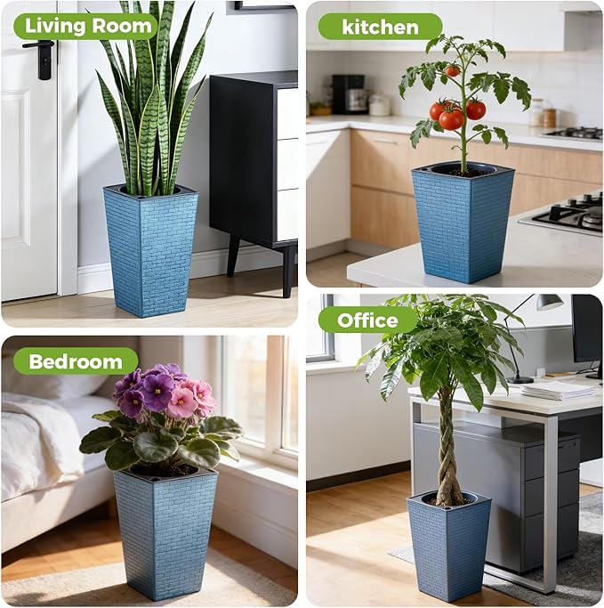 Self Watering Pots for Indoor Plants, 2 Pack Flower Pots Self Watering Planter 10.7" x 6.9" Plastic Pots African Violet Wick and Grow Pots Tall Orchid pots Square Large Plant Pots, Blue