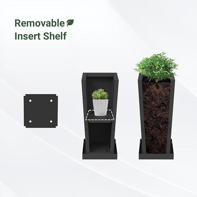 Metal Tall Planters 18 inch Set of 2, Durable Taper Planter with Drainage Holes & Rust-Proof Coating & Trays for Outdoor Indoor Garden Patio Front Door (Black)