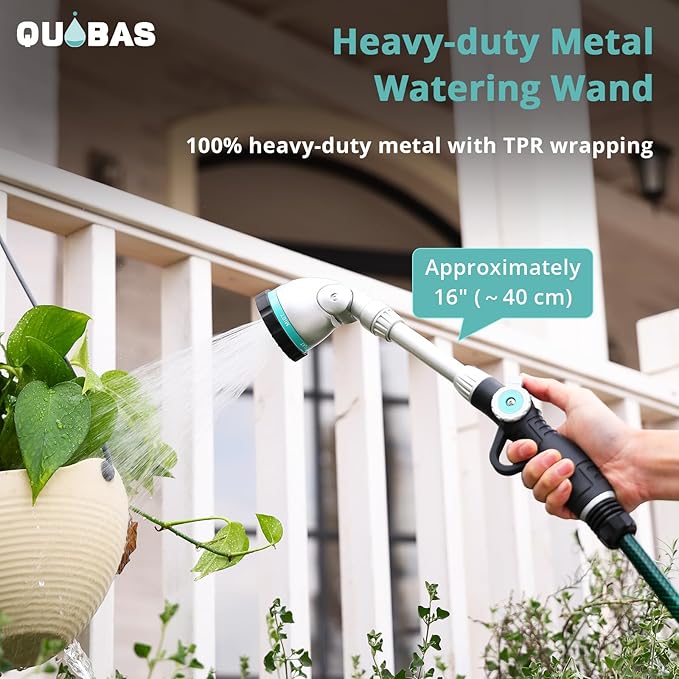 QUOBAS 16 Inch Watering Wand, Heavy Duty Garden Hose Sprayer with 90° Adjustable Head, Thumb Control & 6 Spray Patterns,Long Reach Hose Nozzle for Hanging Plants, Lawn, Garden & Outdoor Cleaning