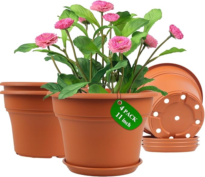 Pottiffe 11 Inch Plastic-Flower-Pot-for-Indoor-Plants, 4 Pack Large Outdoor Planter Pot with Drainage Holes & Saucers, Resin Decorative Garden Pots Planters