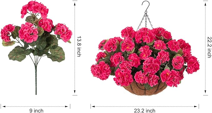INSPRING Geraniums Artificial Flowers Hanging Basket for Outdoors Outside Spring Decoration, 8 Bundles Silk Flowers Fake Plants Look Real UV Resistant for Porch Home Patio Balcony Yard, Hotpink
