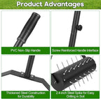 18-inch Rolling Lawn Aerator Tool, 50"-70" Handle Heavy Duty Spike Aerator with Sandbag, 40 Iron Spikes Tighten with Patience, Manual Rolling Aerator Lawn for Yard Garden