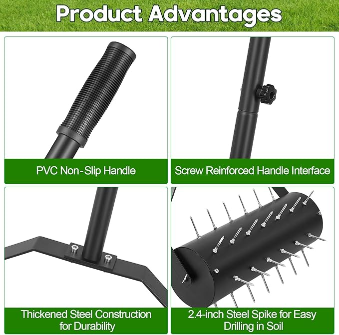 18-inch Rolling Lawn Aerator Tool, 50"-70" Handle Heavy Duty Spike Aerator with Sandbag, 40 Iron Spikes Tighten with Patience, Manual Rolling Aerator Lawn for Yard Garden