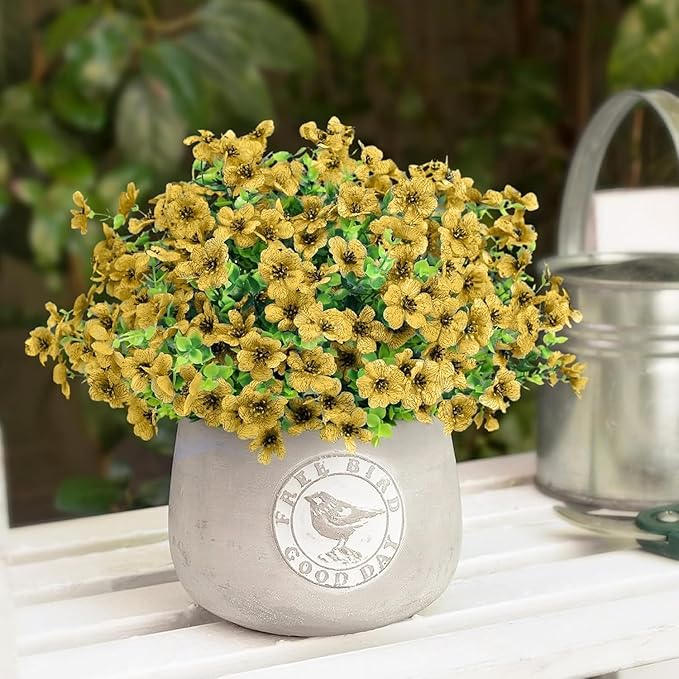 ATTGREAT Artificial Flowers Outdoor Faux Plants UV Resistant Fake Patio Flowers Plastic Greenery Plnats Outside Bulk for Spring Garden Hanging Planter Home Vase Decor, 24 Bundles (Yellow)