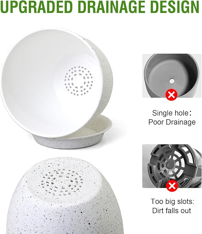 WSMKSZ 10/9/8 inch Medium Plant Pots, Set of 3 Modern Decorative Plastic Planters with Drainage Holes and Saucers for Garden House Plants, Flower Pots for Indoor Outdoor Plants, Speckled White