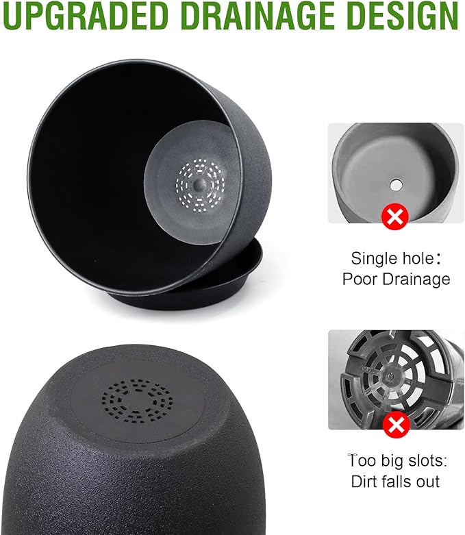 WSMKSZ 12/10/9 inch Big Flower Pots, 3 Pack Modern Decorative Plastic Planters with Drainage Holes and Tray, Plant Pots for Indoor Outdoor Plants, Black
