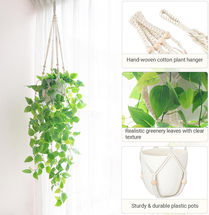 Mkono 2 Packs Fake Hanging Plant with Lights, Artificial Plants for Home Decor Indoor Macrame Plant Hanger with Fake Vines Greenery for Bedroom Bathroom Kitchen Office Decor