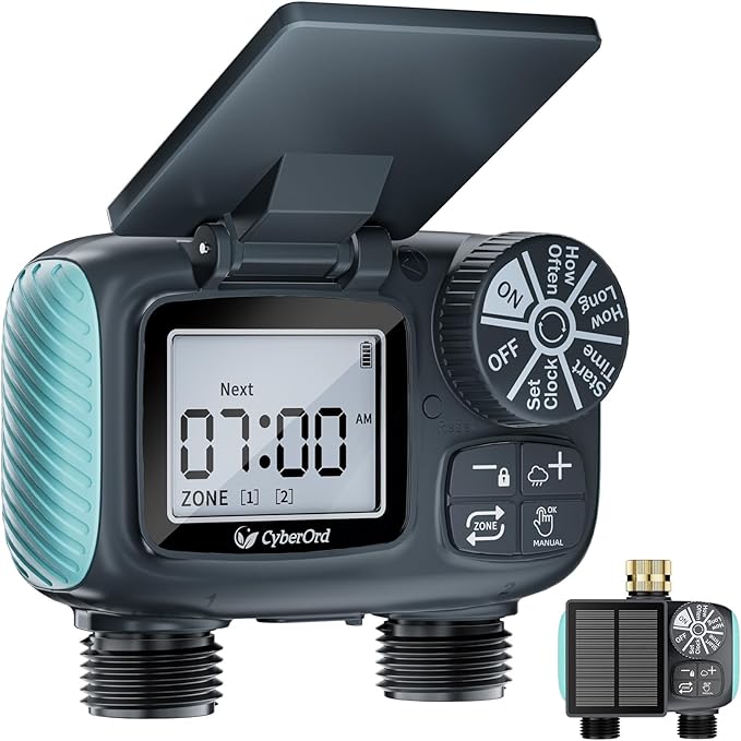 2 Zone Solar Water Timer, Hose Timer with Solar Charging, Sprinkler Timers for Garden Hose with Auto/Manual/Rain Delay Modes, Digital Drip Irrigation System for Lawn/Patio/Garden