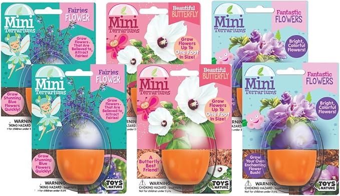 Toys By Nature Mini Terrarium Flowering Bundle, 100% USA Made Complete Starter Kit Includes 2 Each of Lobelia, Dixie Belle Hibiscus, Rose of Sharon, Easy to Grow Planting Seeds Just Add Water