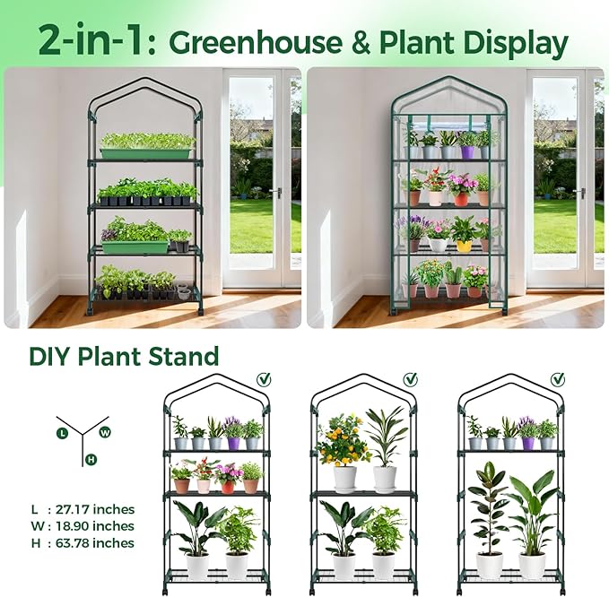 Ohuhu Mini Greenhouse for Indoor Outdoor with Wheel, Small Plastic Plant Green House 4-Tier Rack Stand Portable Greenhouses with Durable PVC Cover for Seedling