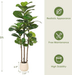 Realead Fiddle Leaf Fig Tree Artificial - 5ft Faux Fiddle Leaf Fig Tree with White Planter - Large Fig Tree Artificial with Natural Wood Trunk and Lifelike Leaves for Home Living Room Indoor Decor