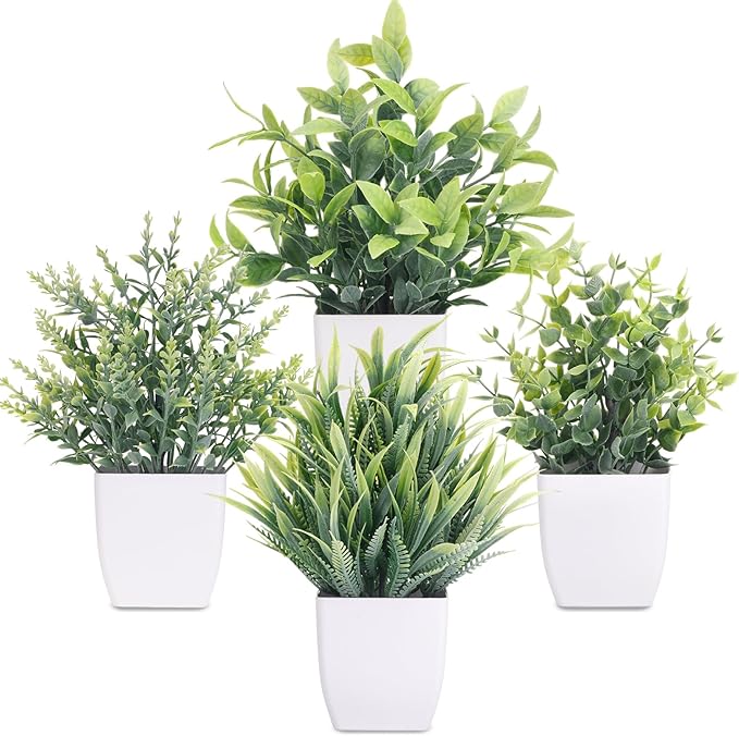 CEWOR Fake Plants 4 Packs Small Artificial Plants Mini White Potted Greenery Bathroom Accessories Decorations for Desk Bathroom Office Home Room Kitchen Table Decor Indoor