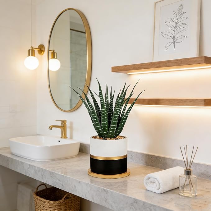 Briful Artificial Succulent Plant in Pot with Bamboo Tray, Faux Agave Potted Plant, Realistic Aloe Fake Plant for Home, Office Desk, Shelf, Modern Indoor Decoration